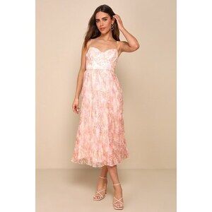 Lulus Finest Endeavor Blush Pink Floral Pleated Bustier Midi Dress - Size L